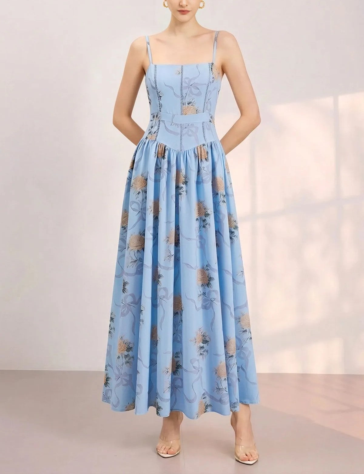 Pale Blue Rose Ribbon Print Ladder‑Lace Spaghetti Strap Midi Dress