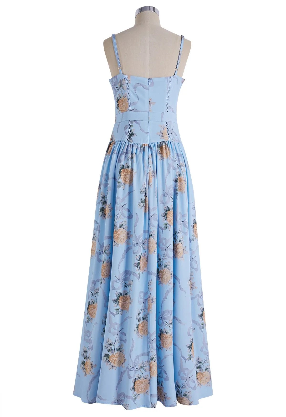 Pale Blue Rose Ribbon Print Ladder‑Lace Spaghetti Strap Midi Dress