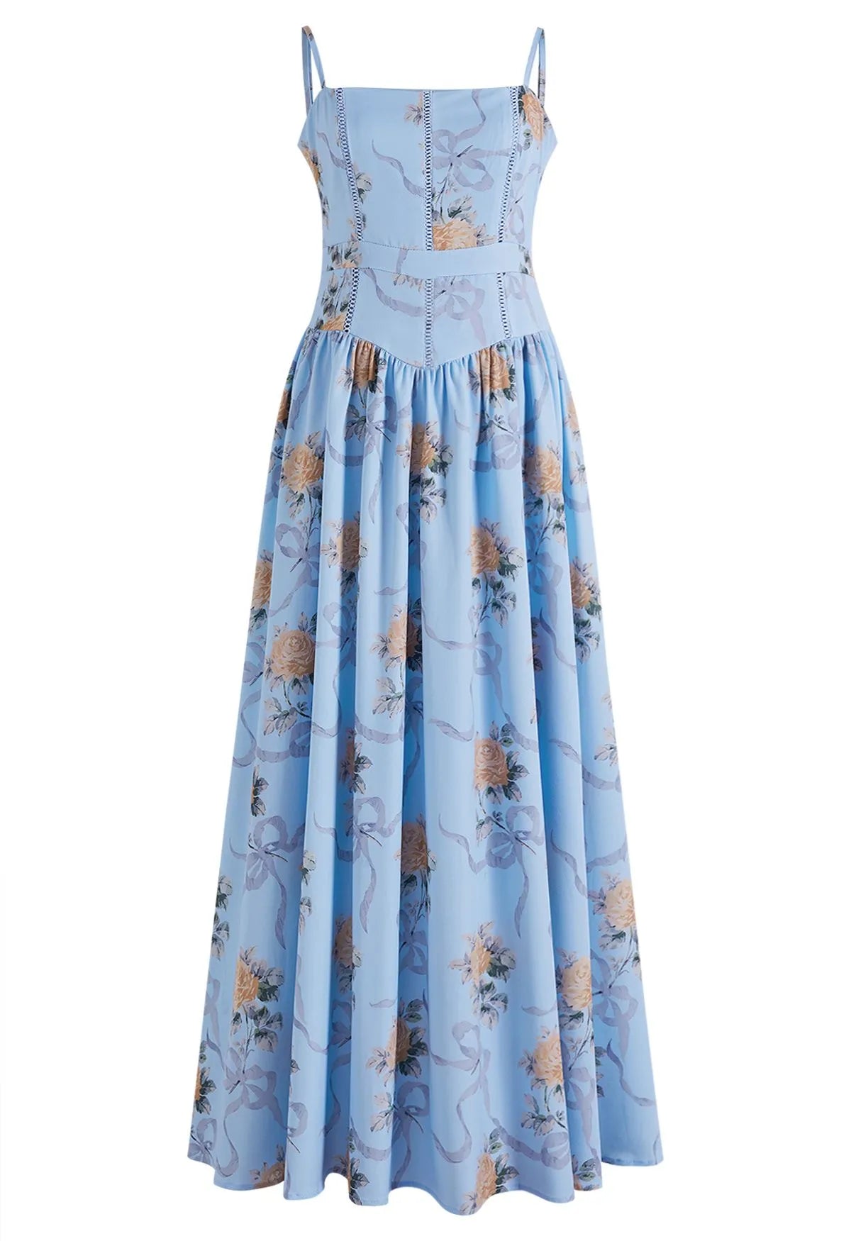Pale Blue Rose Ribbon Print Ladder‑Lace Spaghetti Strap Midi Dress