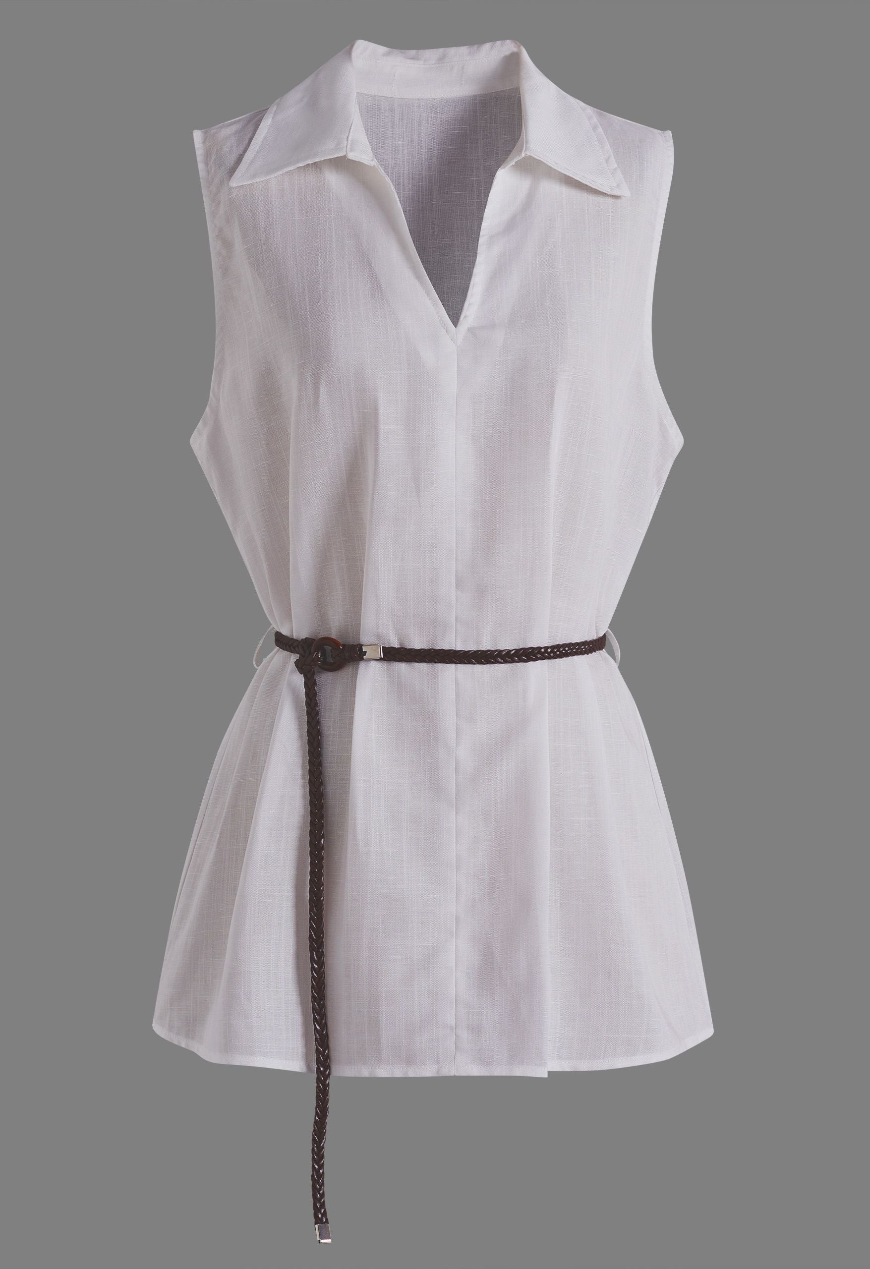 White Collared V‑Neck Sleeveless Top With Detachable Braided Belt