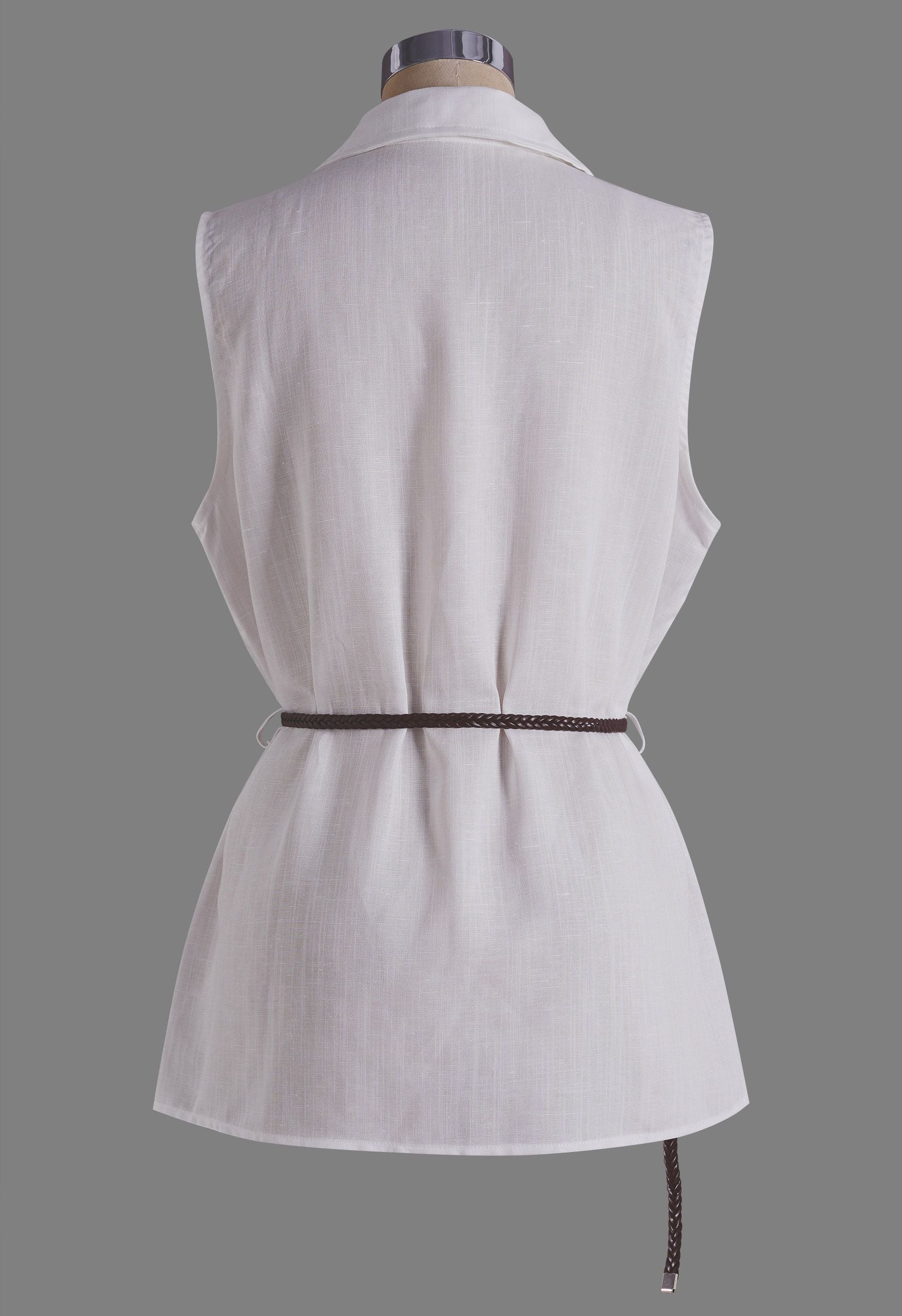White Collared V‑Neck Sleeveless Top With Detachable Braided Belt