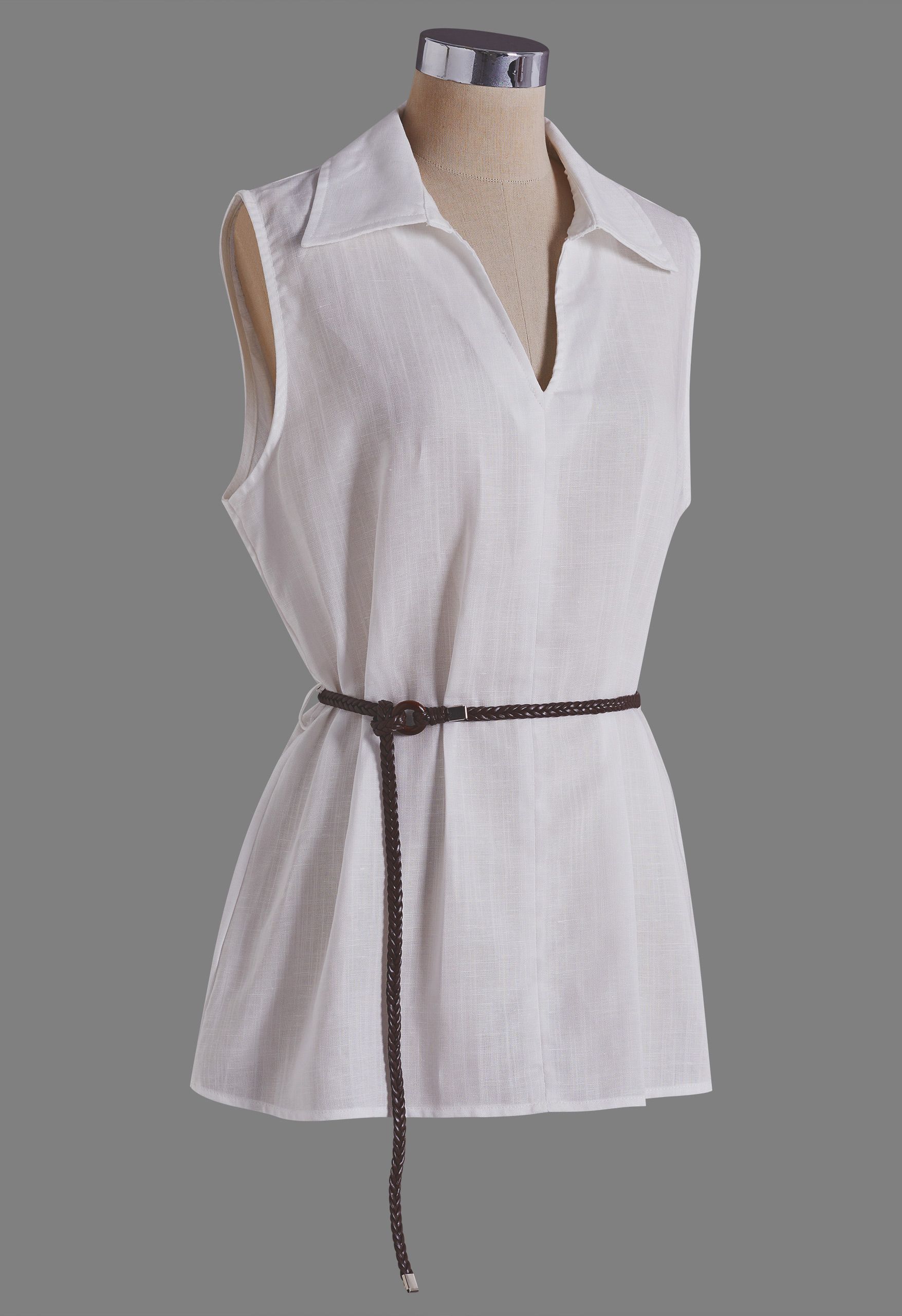 White Collared V‑Neck Sleeveless Top With Detachable Braided Belt