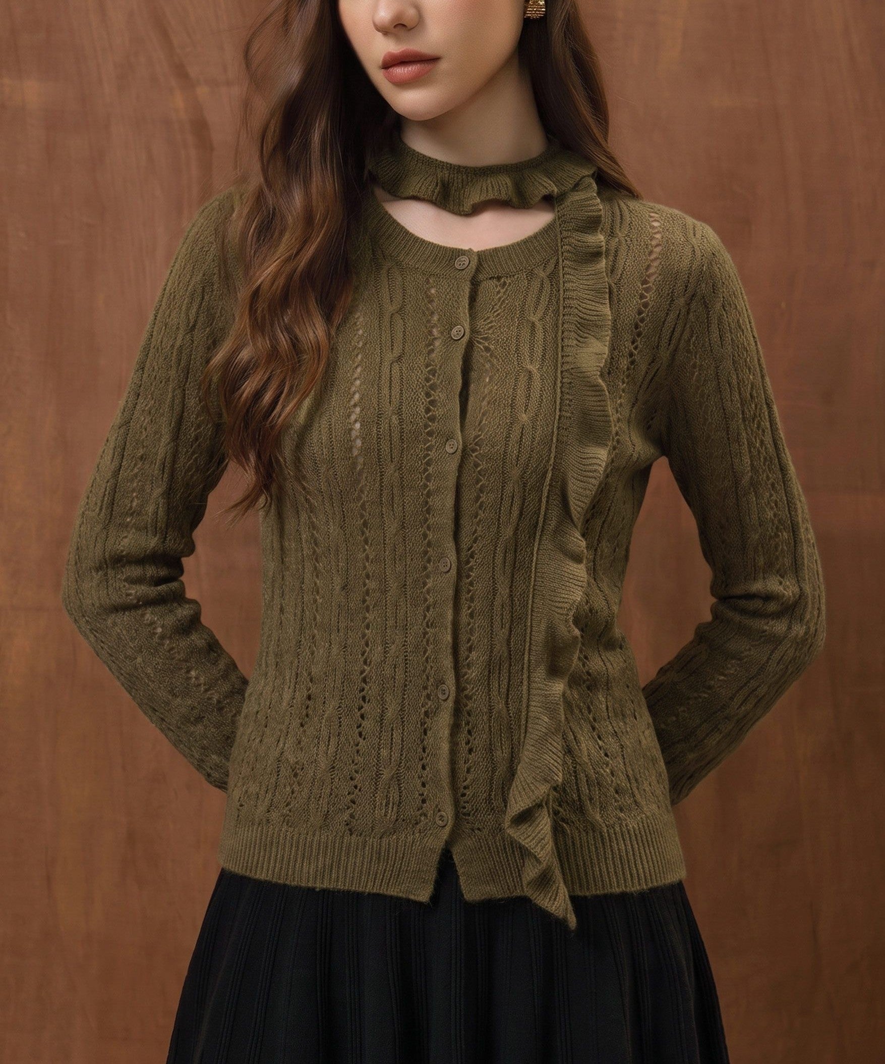 Olive Pointelle Knit Button‑Front Cardigan With Ruffled Sash