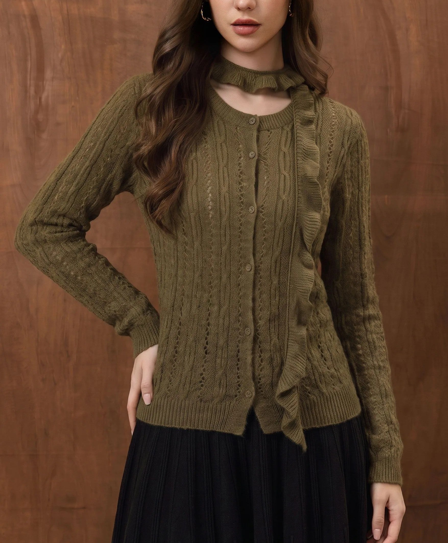 Olive Pointelle Knit Button‑Front Cardigan With Ruffled Sash