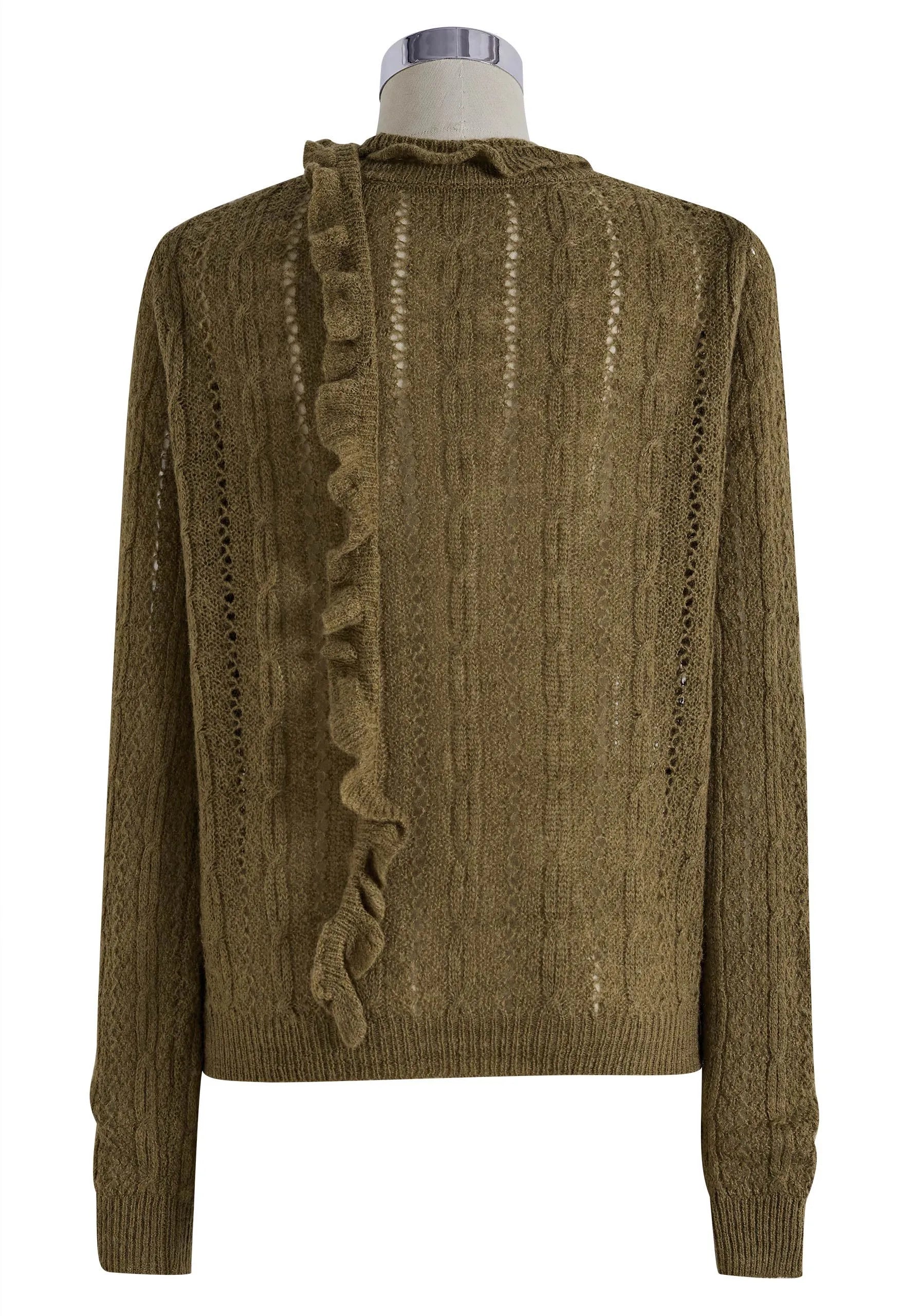 Olive Pointelle Knit Button‑Front Cardigan With Ruffled Sash