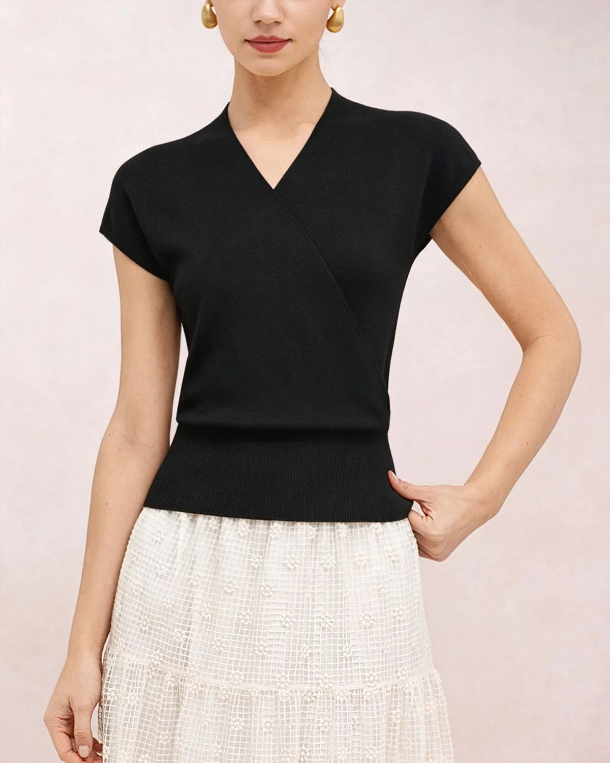 Black Faux Wrap V‑Neck Cap Sleeve Wool‑Blend Knit Top