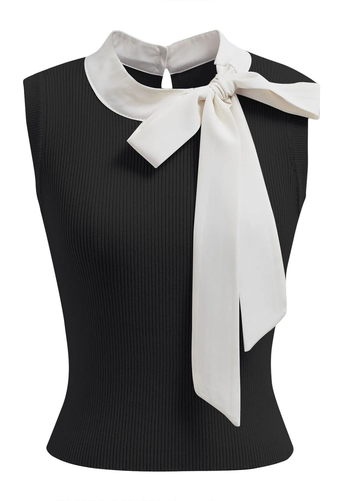 Black Contrast Self‑Tie Bow Neck Ribbed Sleeveless Knit Top