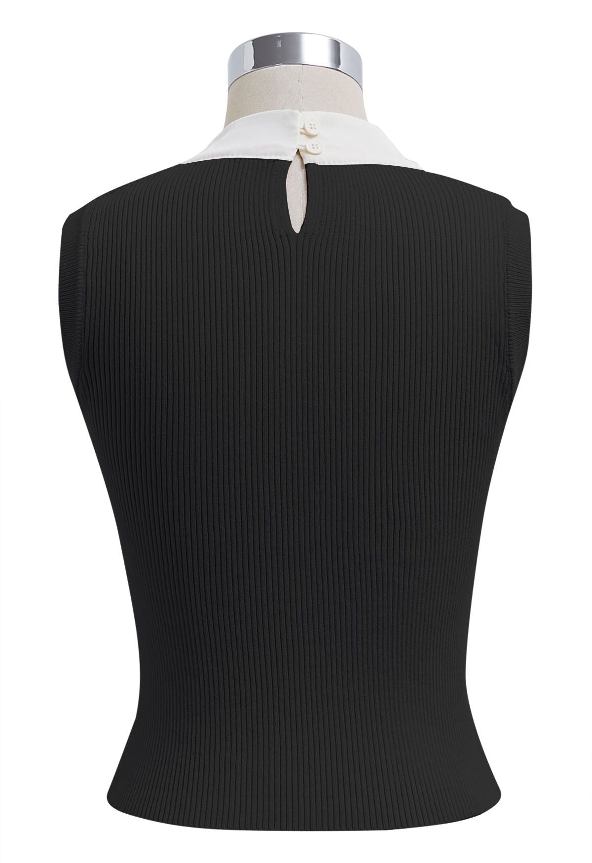Black Contrast Self‑Tie Bow Neck Ribbed Sleeveless Knit Top