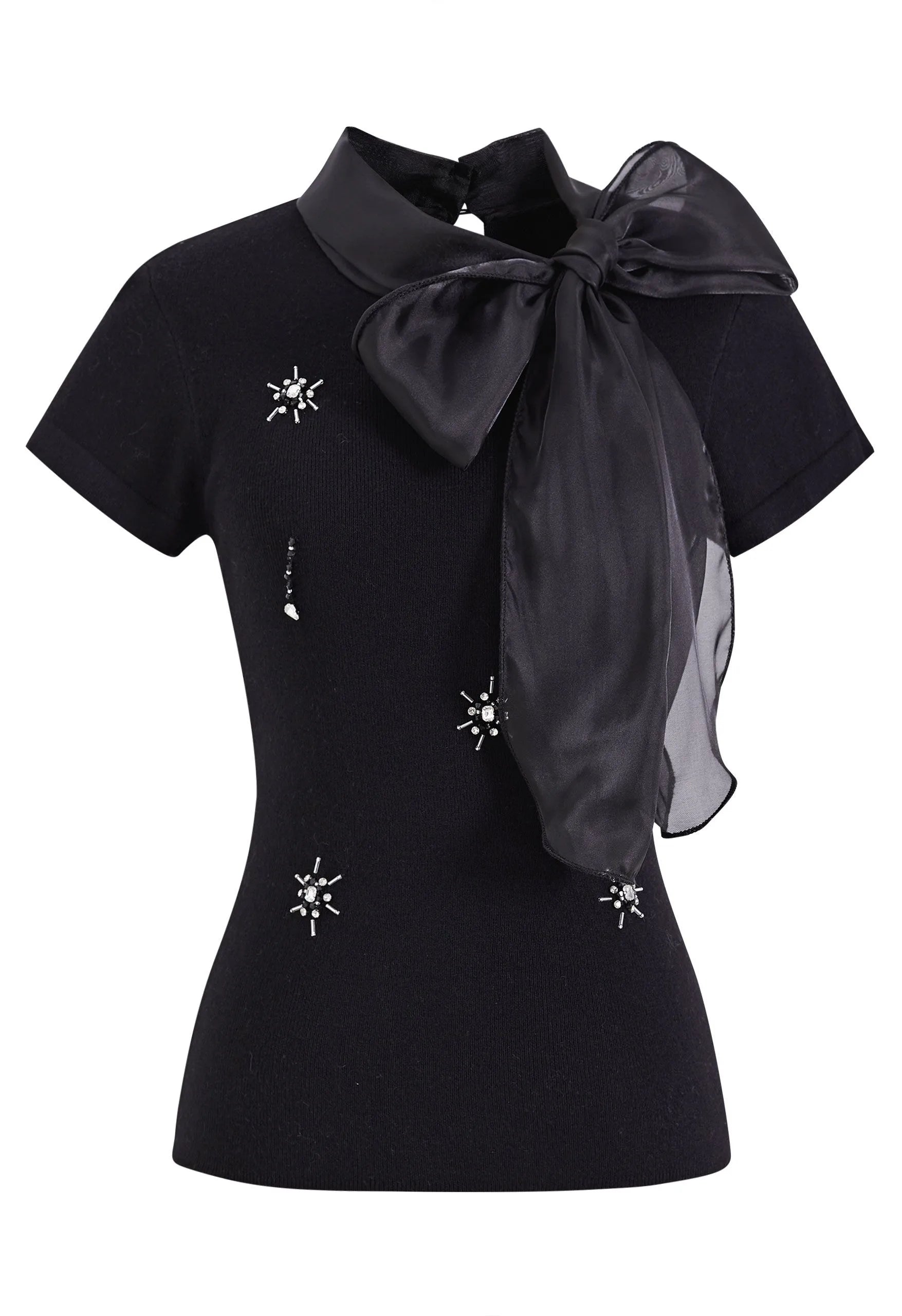 Black Organza Bow Neck Rhinestone Embellished Short Sleeve Knit Top