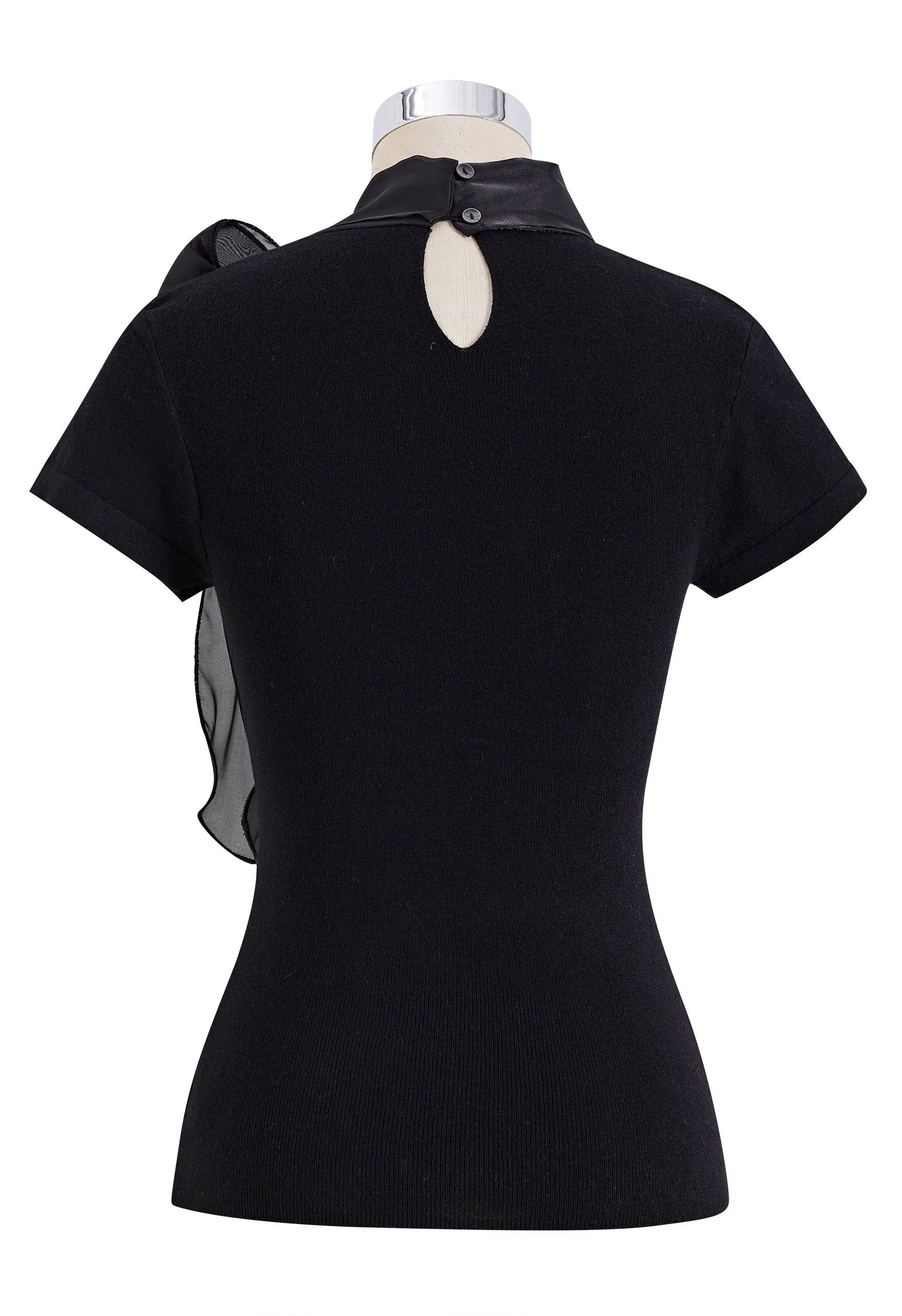 Black Organza Bow Neck Rhinestone Embellished Short Sleeve Knit Top