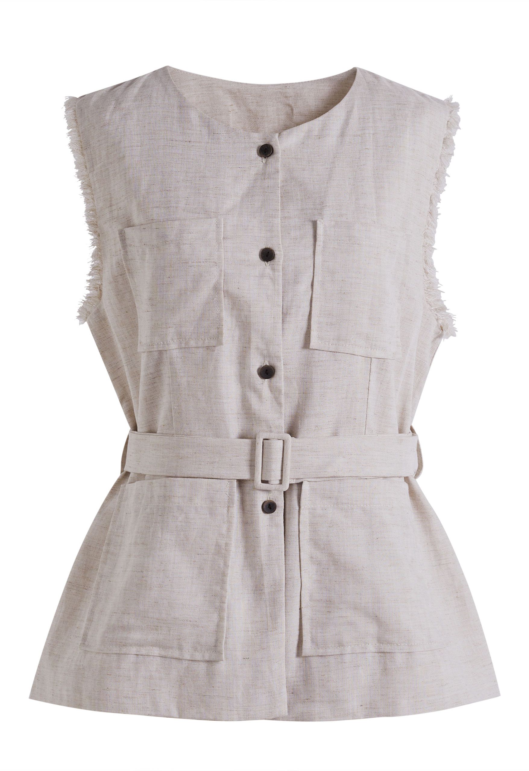 Linen‑Blend Fringe Armhole Belted Patch Pocket Sleeveless Vest