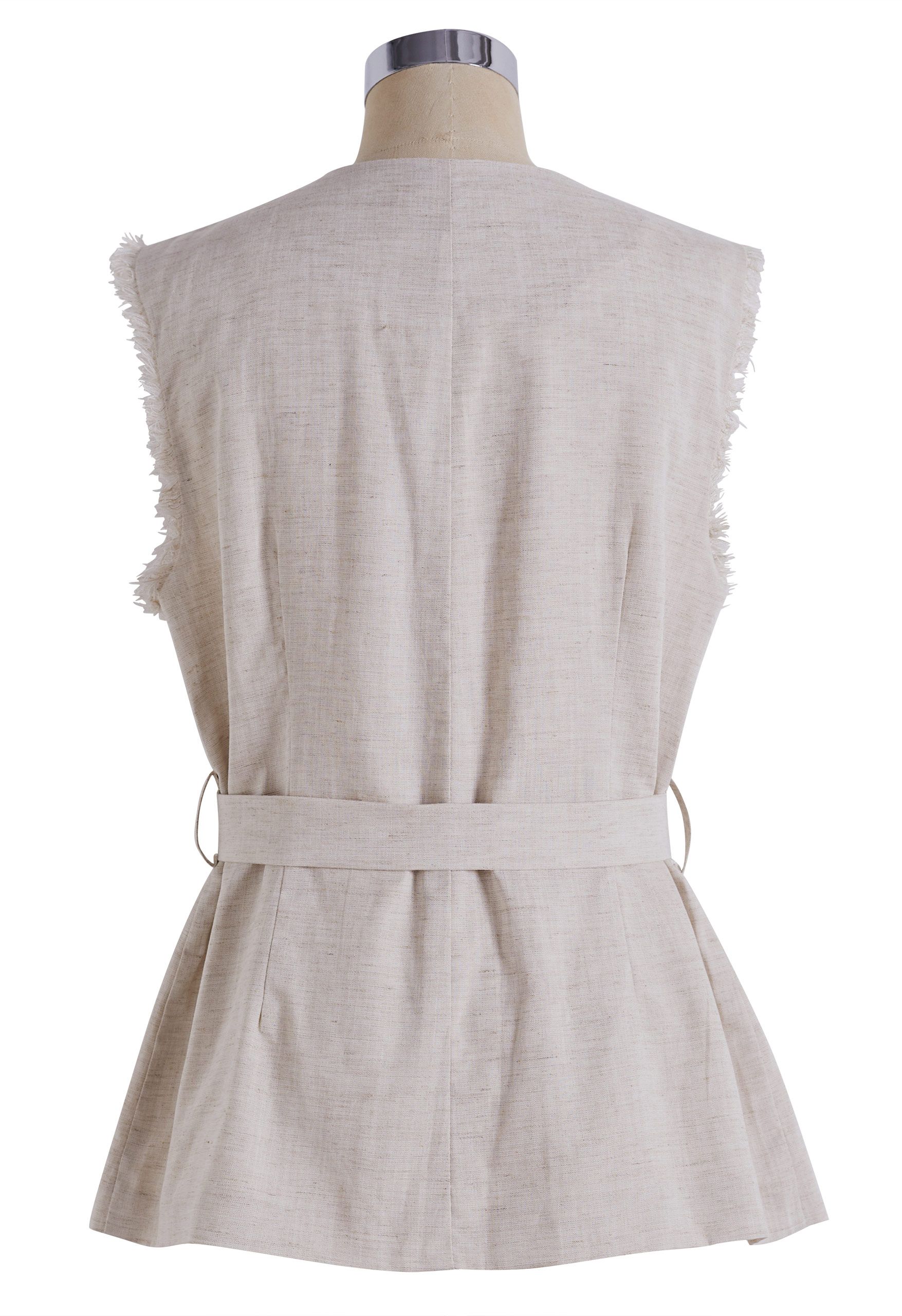 Linen‑Blend Fringe Armhole Belted Patch Pocket Sleeveless Vest