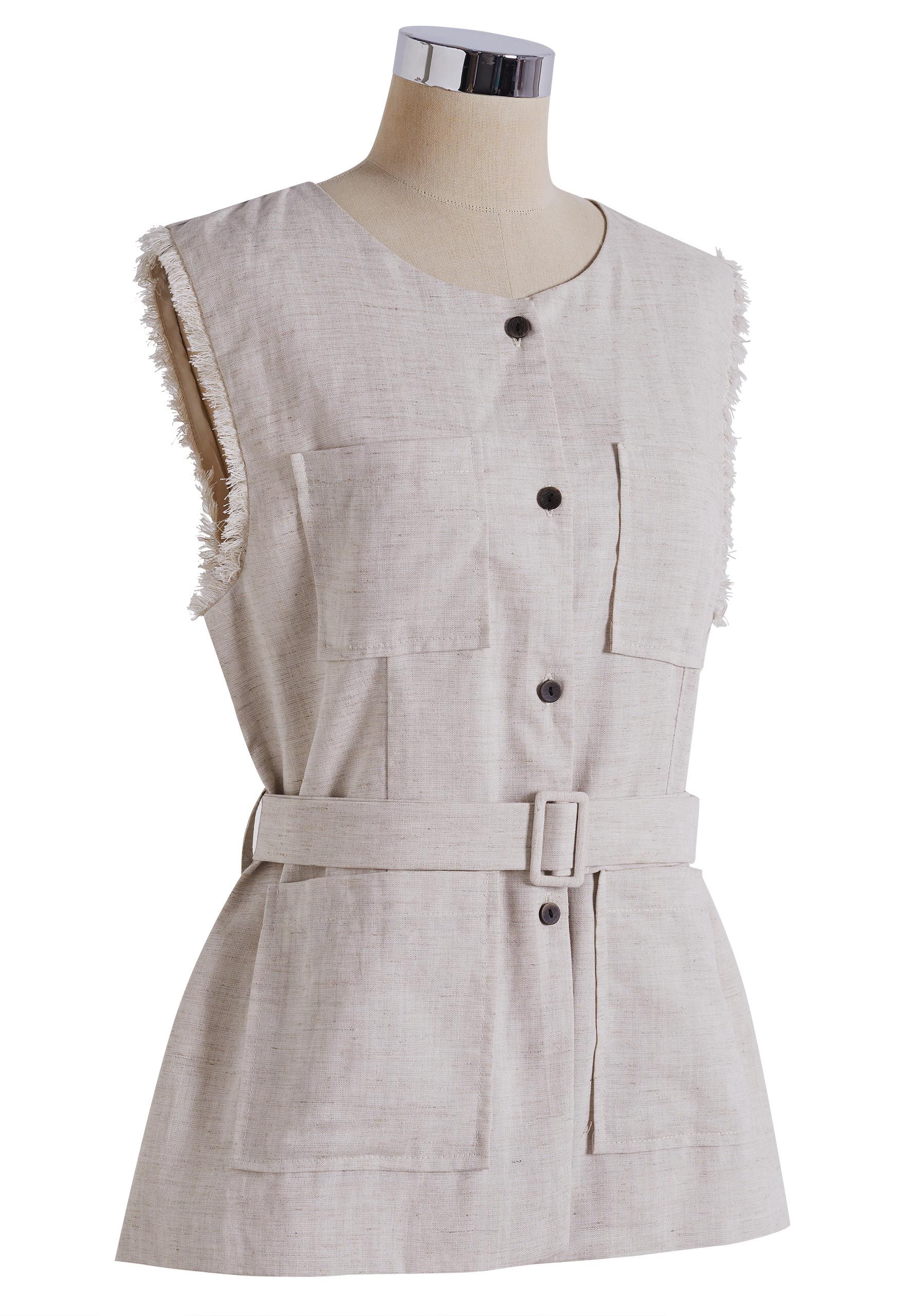 Linen‑Blend Fringe Armhole Belted Patch Pocket Sleeveless Vest